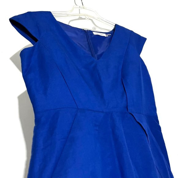 Classic Blue Linen-Blend Career Sheath Dress with Side Pockets - Picture 9 of 17